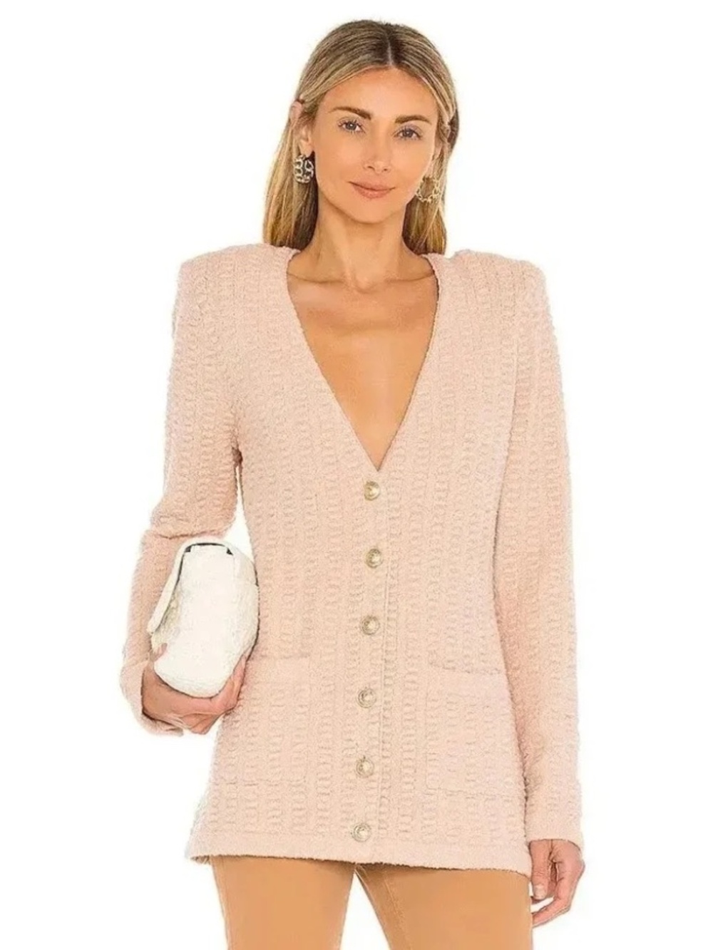 L'AGENCE Sue Textured Knit Longline Cardigan Pink Petal Gold Button M